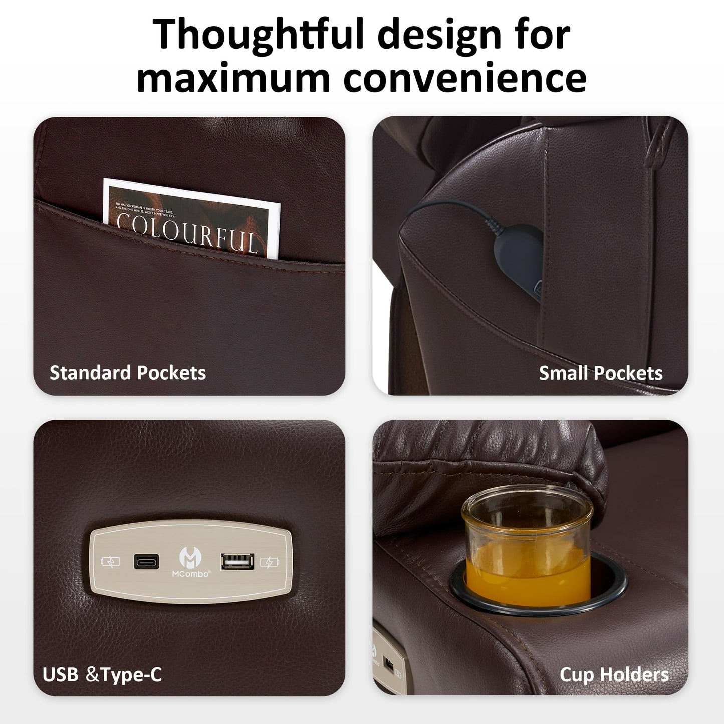 MCombo Large Triple Motor Power Lift Recliner Chair with Massage and Dual Heating, Adjustable Headrest for Tall Elderly People, Faux Leather 7634 (Dark Brown, Large)