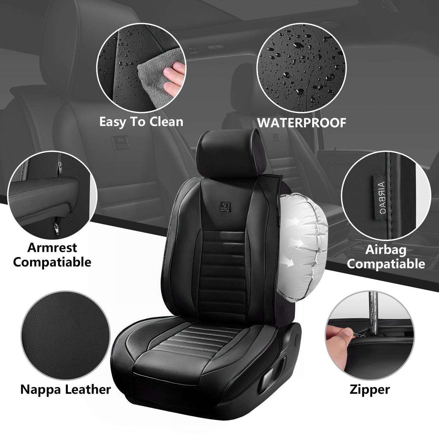 CAR PASS Nappa Leather Car Seat Covers Full Set, Luxury Seat Protector for Cars, Waterproof Anti-Slip Car Seat Cushion Armrest Compatible Airbag Universal for Sedan SUV Pick-up Truck Automotive, Black