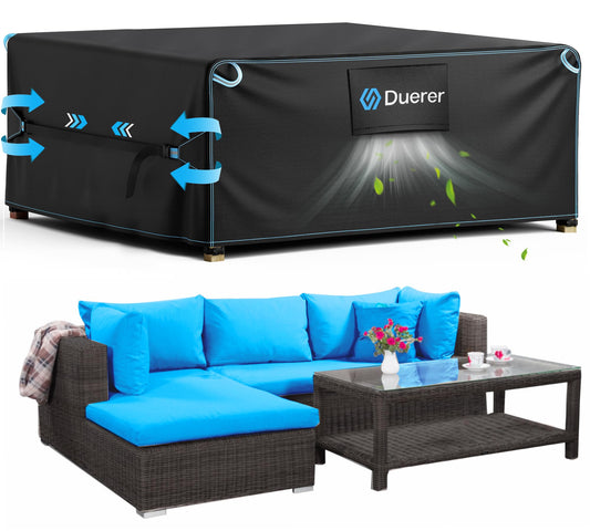 Duerer Patio Furniture Covers Waterproof 420D Outdoor Furniture Covers 90"L x 65"W x 28"H, for Patio Furniture Sets, Sofa, Table and Chair Set Cover, Anti-UV Rain Snow Dust Wind-Proof with Air Vent