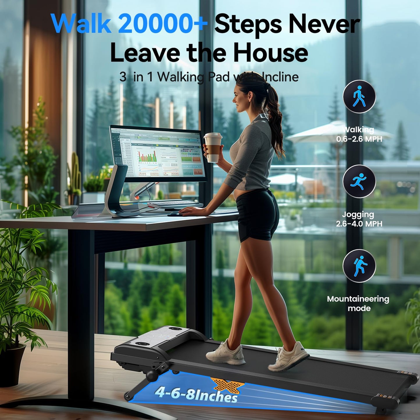Servfit Walking Pad with Incline, 2.5HP Under Desk Treadmill, 3 in 1 Portable Treadmill with Remote Control, LED Display, Hidden Safety Switch, Mini Walking Jogging Machine for Home Office