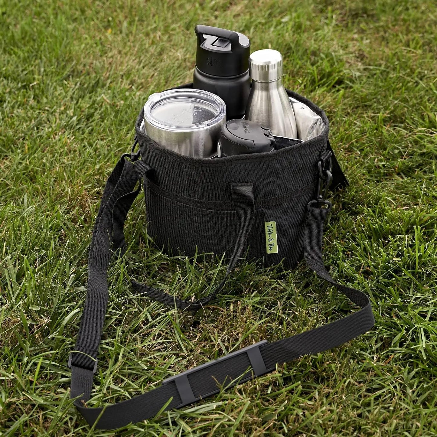 4 Water Bottle Holder with Strap | Family Size 4 Compartment Drink Bag, Multiple Tumbler Carrier Caddy | Adjustable Fits Large & Small Drinks | Hands Free, Won't Tip Over in Car (Purple)