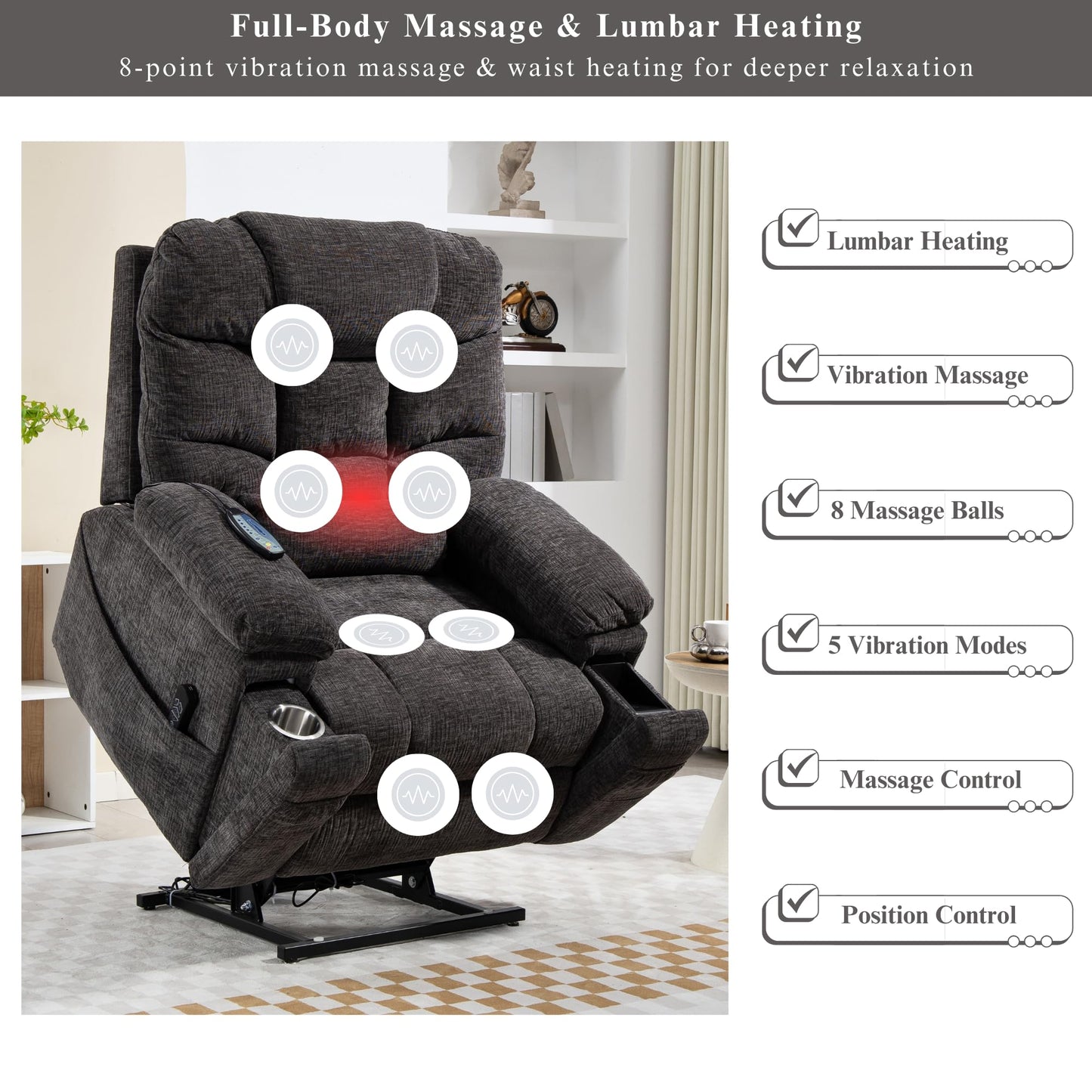 Power Lift Recliner for Elderly Adults, Dual Motor Lay Flat Lift Chair with Heat Massage, Cup Holder & Wireless Phone Charger, USB Type C Charging, Big Tall 400 lbs