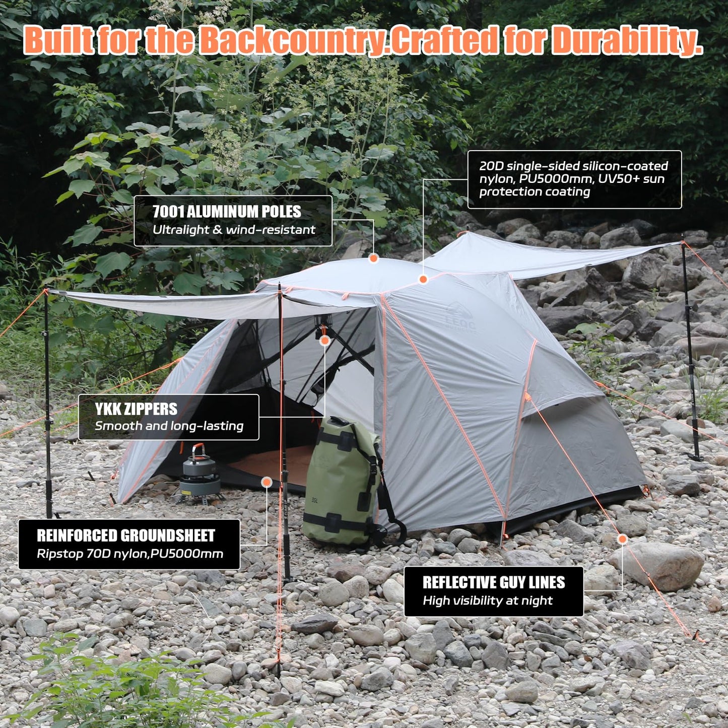 LEQC Ultralight 2 Person Backpacking Tent β Lightweight Tent Waterproof for Hiking, Trekking, Compact Camping Shelter with Aluminum Poles β Two Person Tent for Bikepacking & Camping