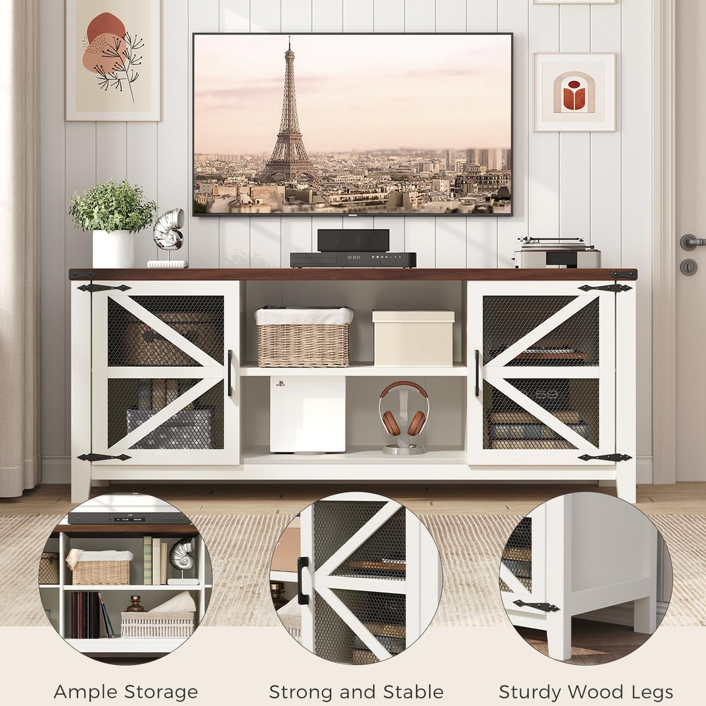 Algglobuy Modern Farmhouse Tv Stand for TVs up to 70 Inch, 58 Inch Entertainment Center with Iron Mesh Door & 2 Adjustable Shelves, Media TV Console Table for Living Room, White (White, 58 Inch)