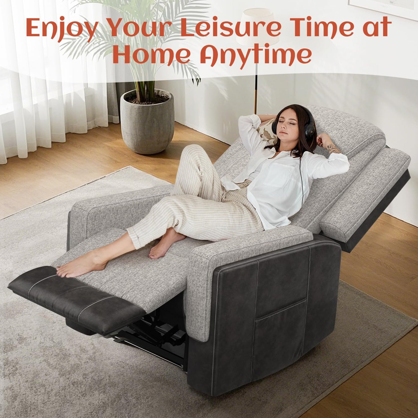 Dresegmt Oversize Manual Recliner Chair for Adults, Extra Wide Single Reclining Sofa Chair with Ergonomic, FSC Certified, Grey Linen-Blend & Chocolate Leather Scandinavian Chic for Living Room, RV