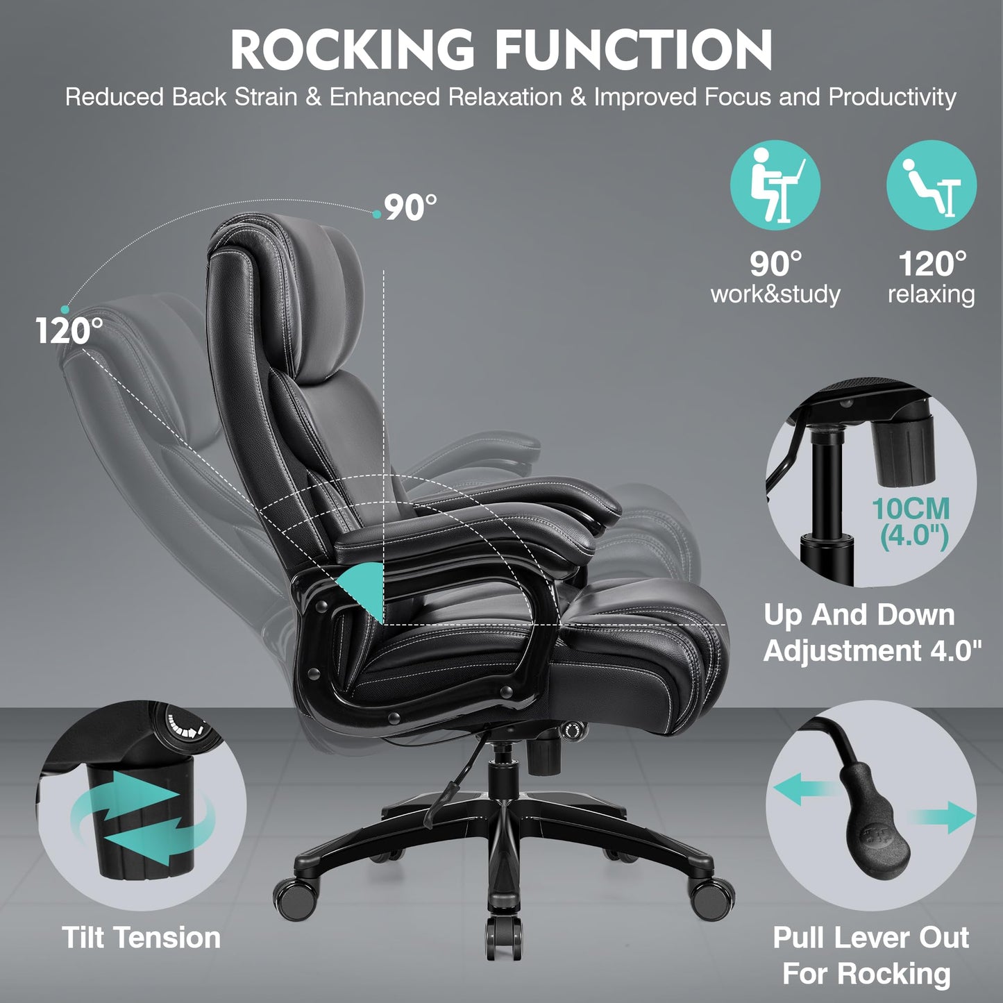 Office Chair, Ergonomic Big and Tall 500lbs Computer Desk Chairs, Heavy Duty Executive Breathable Leather Chair with Adjustable High Back, Lumbar Support Swivel PC Chair