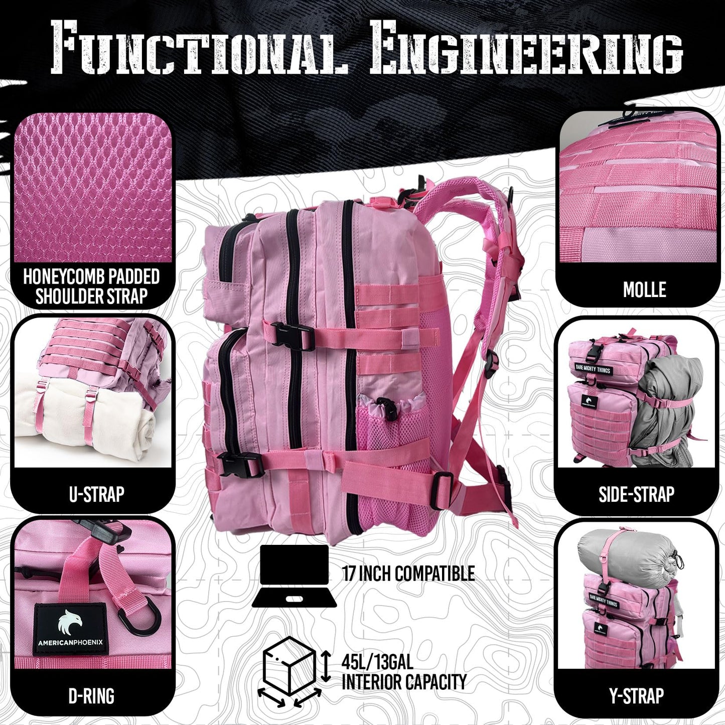 AMERICANPHOENIX 45L Elite Tactical Backpack | 3X Stronger Work & Military Backpack | Water Resistant and Heavy Duty | 3 Day MOLLE Bug Out Bag (Rose Pink)