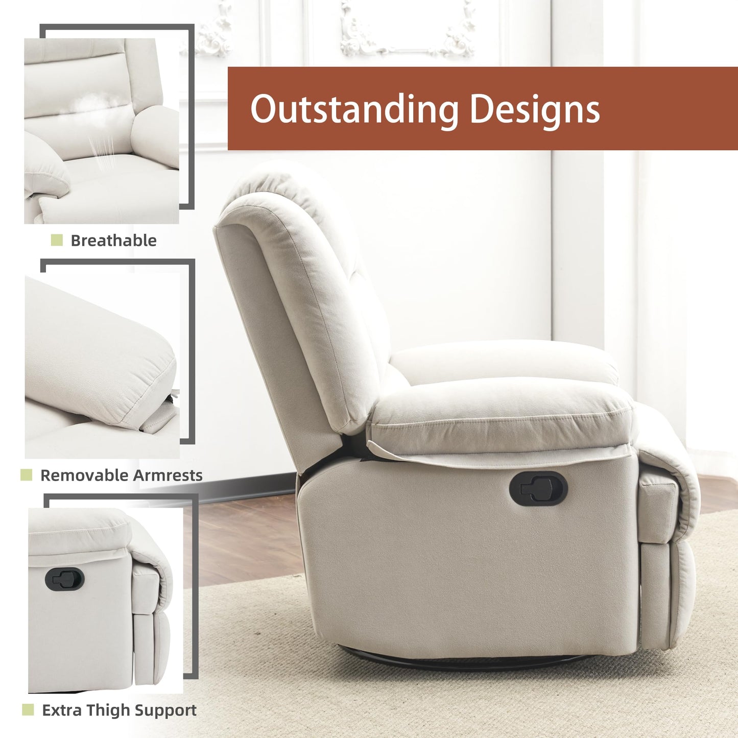 Ketaiyou Swivel Rocking Recliner Chair for Adults, Overstuffed Manual Rocker Nursery Recliner Glider, Upholstered Fabric Reclining Single Sofa Chair for Living Room (Beige)