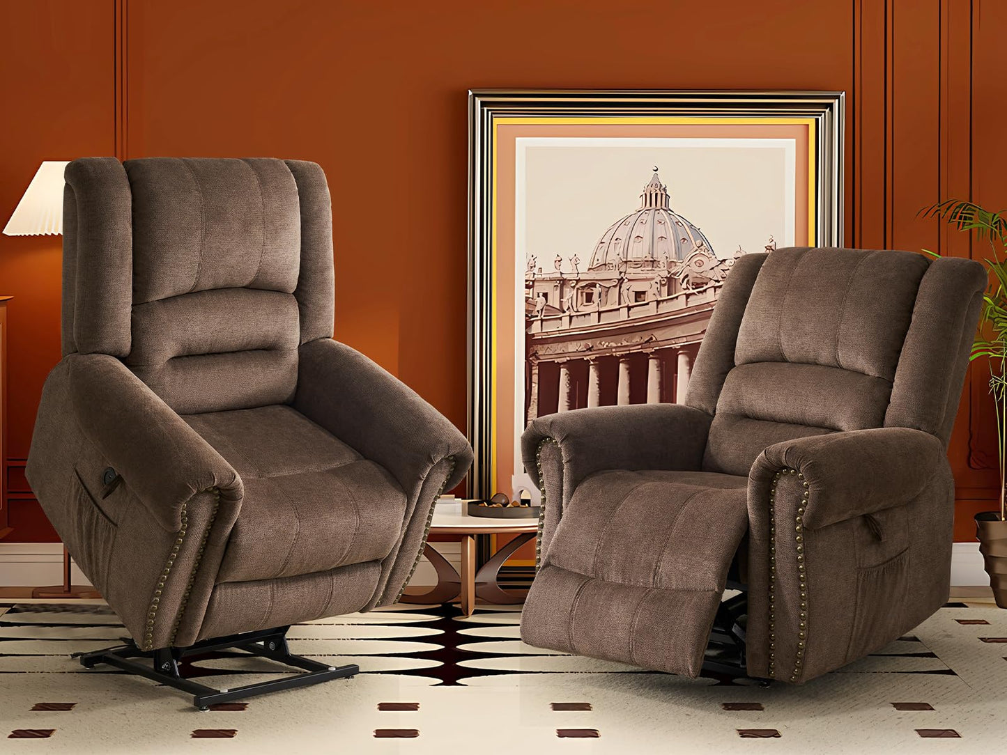CDCASA Dual Motor Lay Flat Lift Chairs Recliners for Elderly with Massage and Heat, Upgraded Chenille Infinite Position Large Sleeping Electric Power Lift Chair Recliner for Seniors, Set of 2,Brown