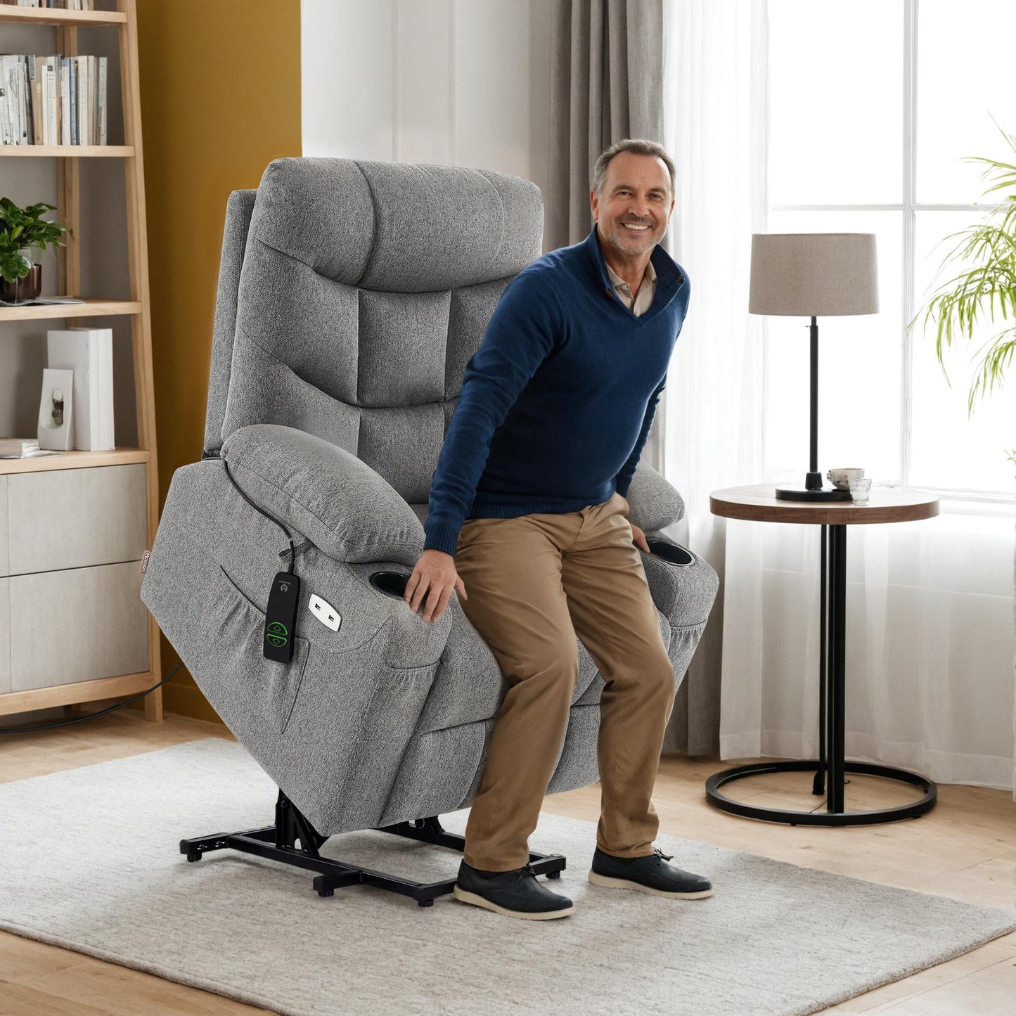MCombo Power Lift Recliner Chair with Extended Footrest for Elderly People, Fabric 7287 (Dark Gray, Medium)