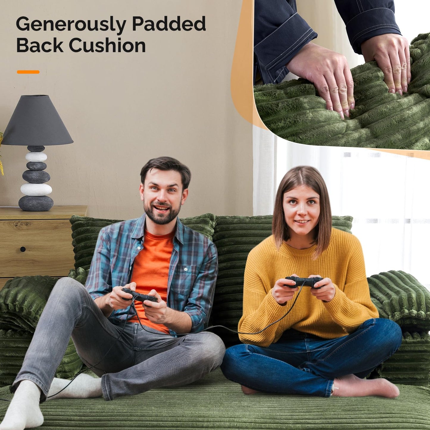 VINGLI Lounge Chair, 56" Oversized Reading Chair Corduroy Chaise Sofa Recliner Bed Upholstered Comfy Sleeper Couch with Throw Pillows and Armrests for Living Room, Movie Room, Bedroom