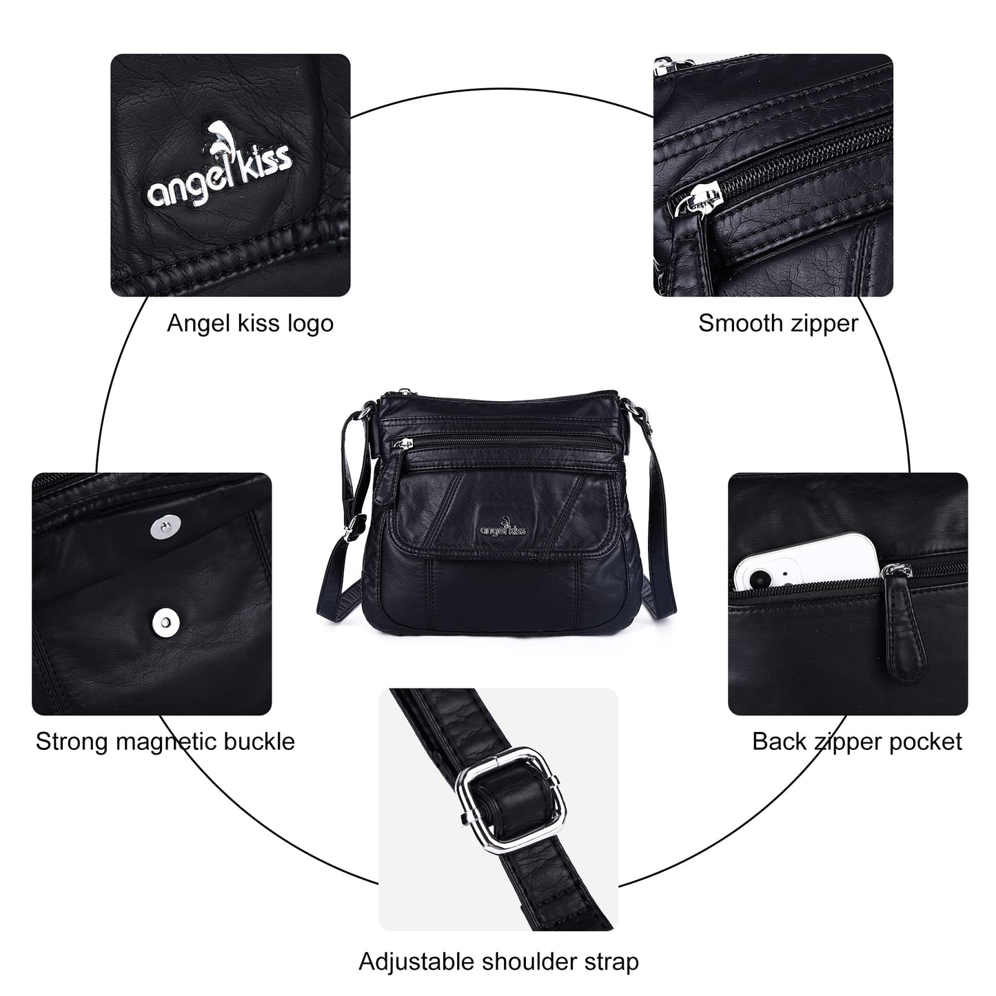 Angelkiss Small Womens Crossbody Bag Leather Shoulder Purse for Women Hobo Bag with Adjustable Shoulder Strap Black