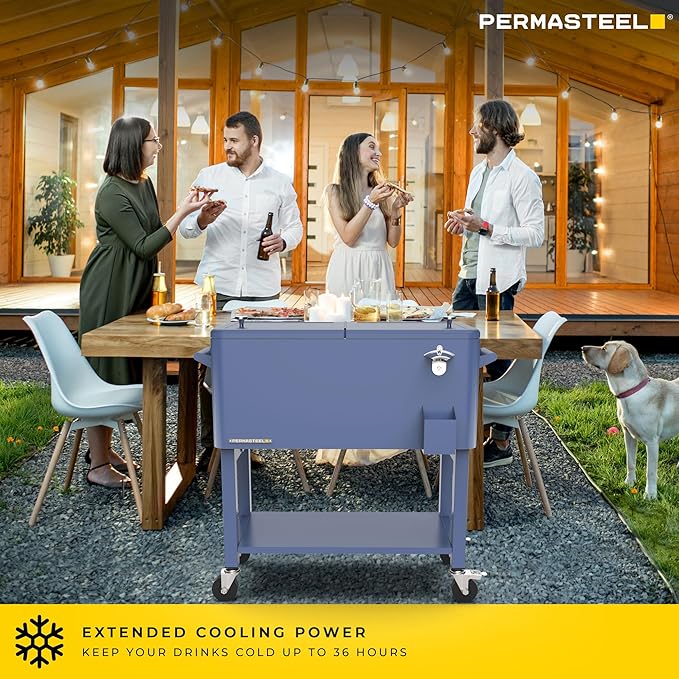 Permasteel Party Cooler with Removable Basin, Spacious 80-Qt Capacity, Rolling Ice Chest for Indoor and Outdoor Entertainment Azure + Bonus Cover