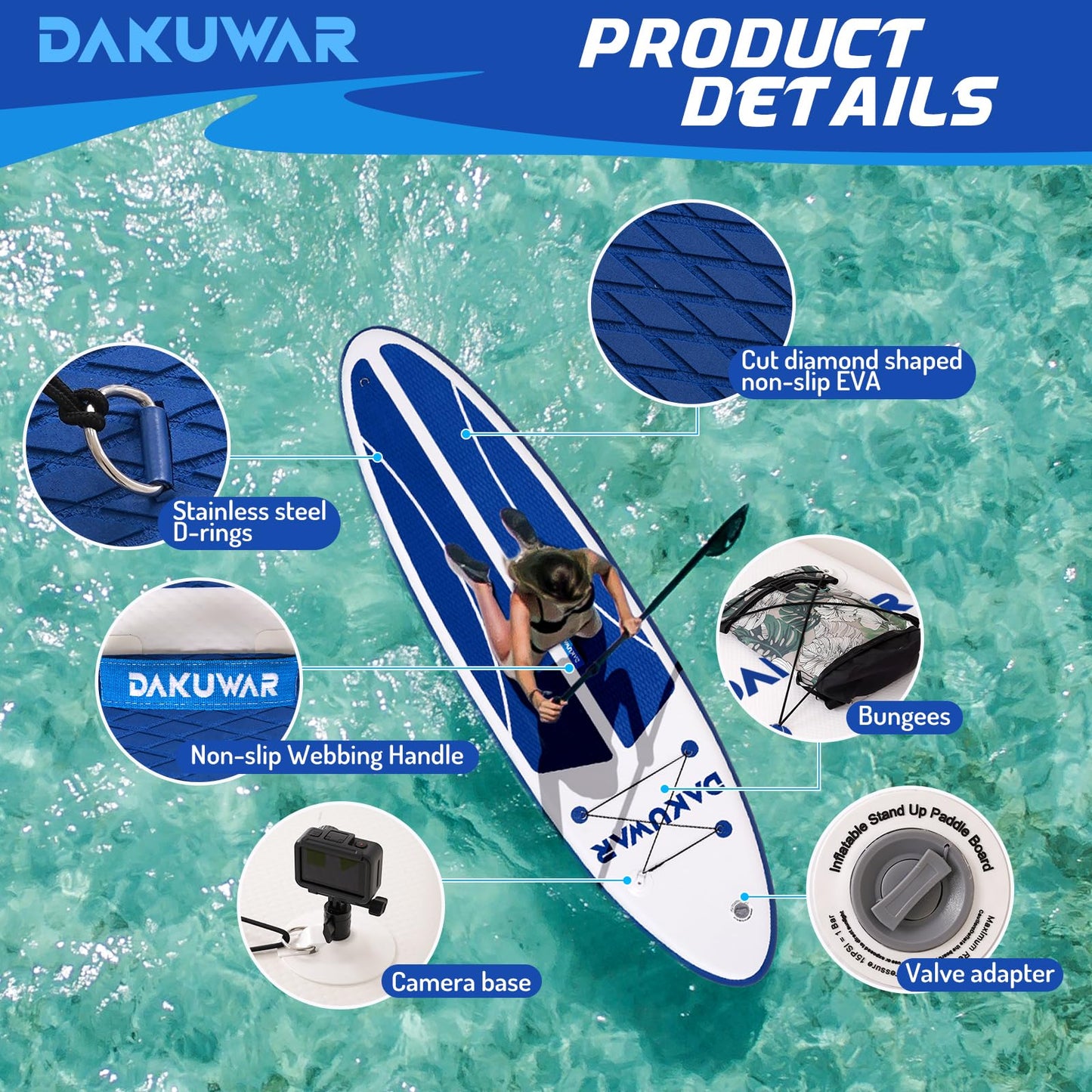 DAKUWAR Inflatable Paddle Board 10'x31.5''x6'' Folding Stand up Paddle Boards with SUP Accessories Valve Adaptor/2 fins/SUP Backpack/Ankle Leash/Repair Kit (Deep Blue and White)