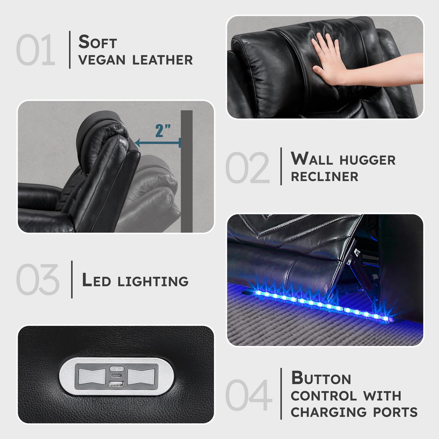Lexicon Power Recliner Chair, Faux Leather Upholstered Home Theater Seating with LED Lighting, USB Charging Ports, Single Wall Hugger Reclining Chair for Living Room/Bedroom Easy Assembly, Black