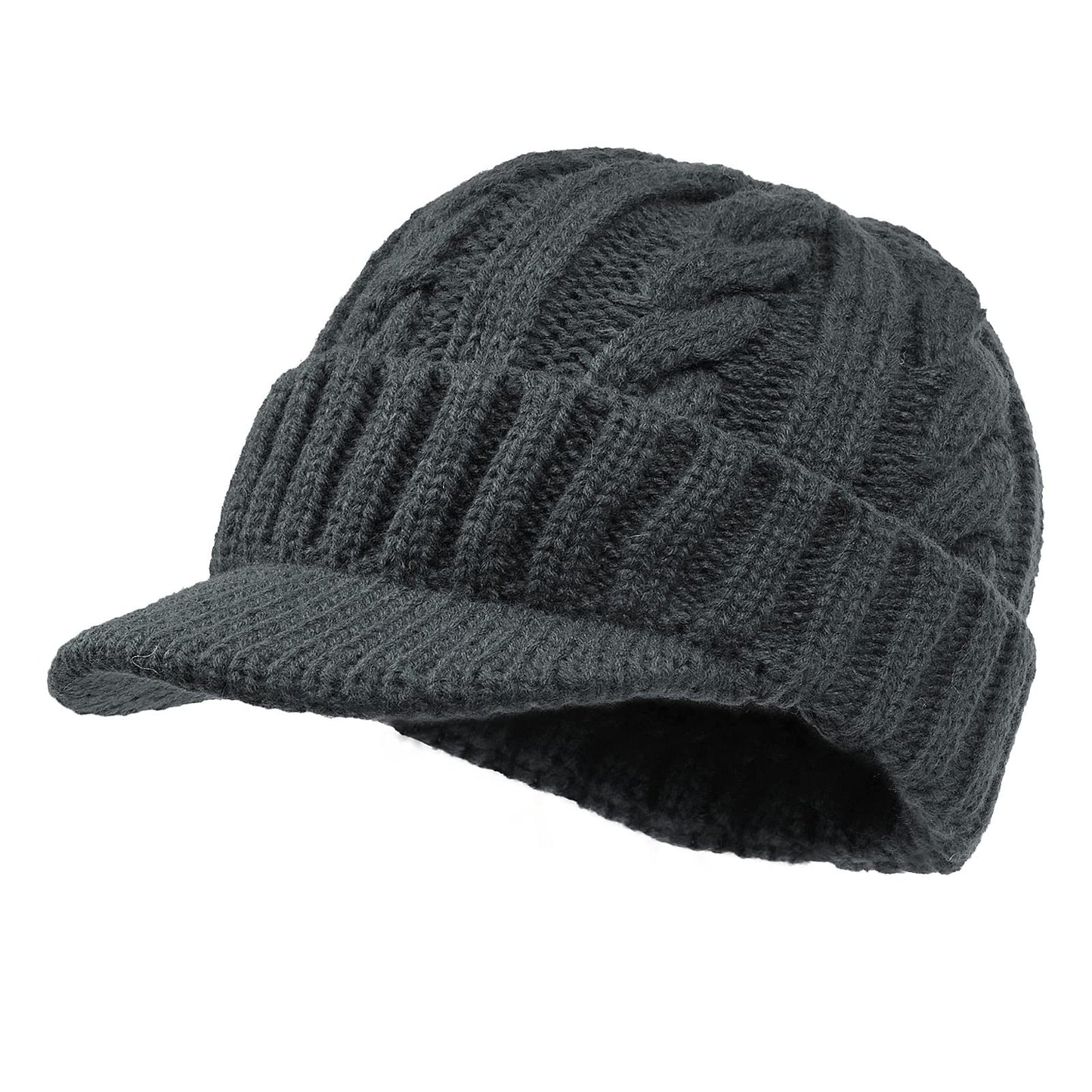 Clakllie Winter Visor Beanie Hat for Men Women Brim Knit Skully Hats Billed Skull Cap Thick Vintage Knitted Beret,Gray