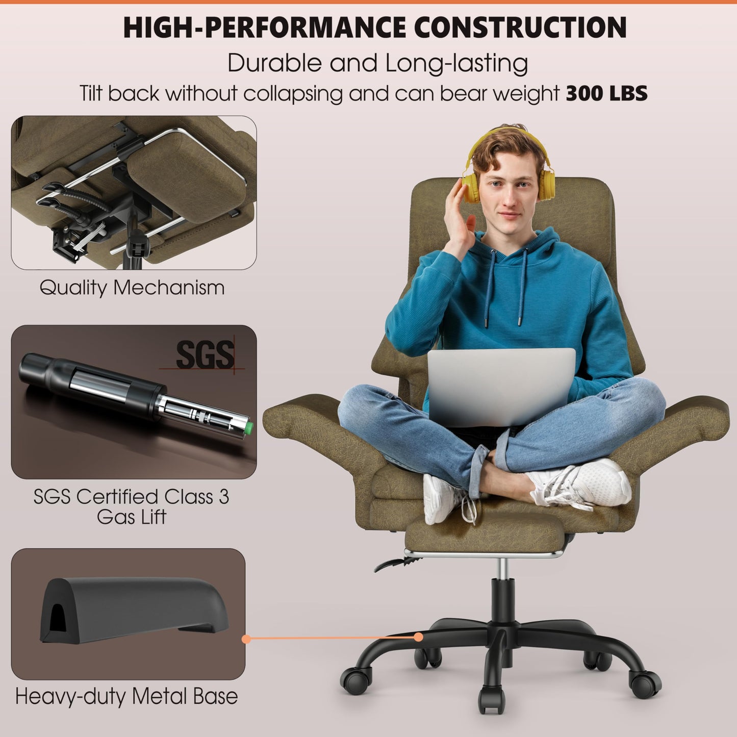 ELABEST C39 Cross Legged Office Chair with Footrest & Convertible Armrests - Pet-Friendly XL Home Desk Chair, Ergonomic Recliner with Lumbar Pillow, Criss Cross Design, Big and Tall Executive Chair