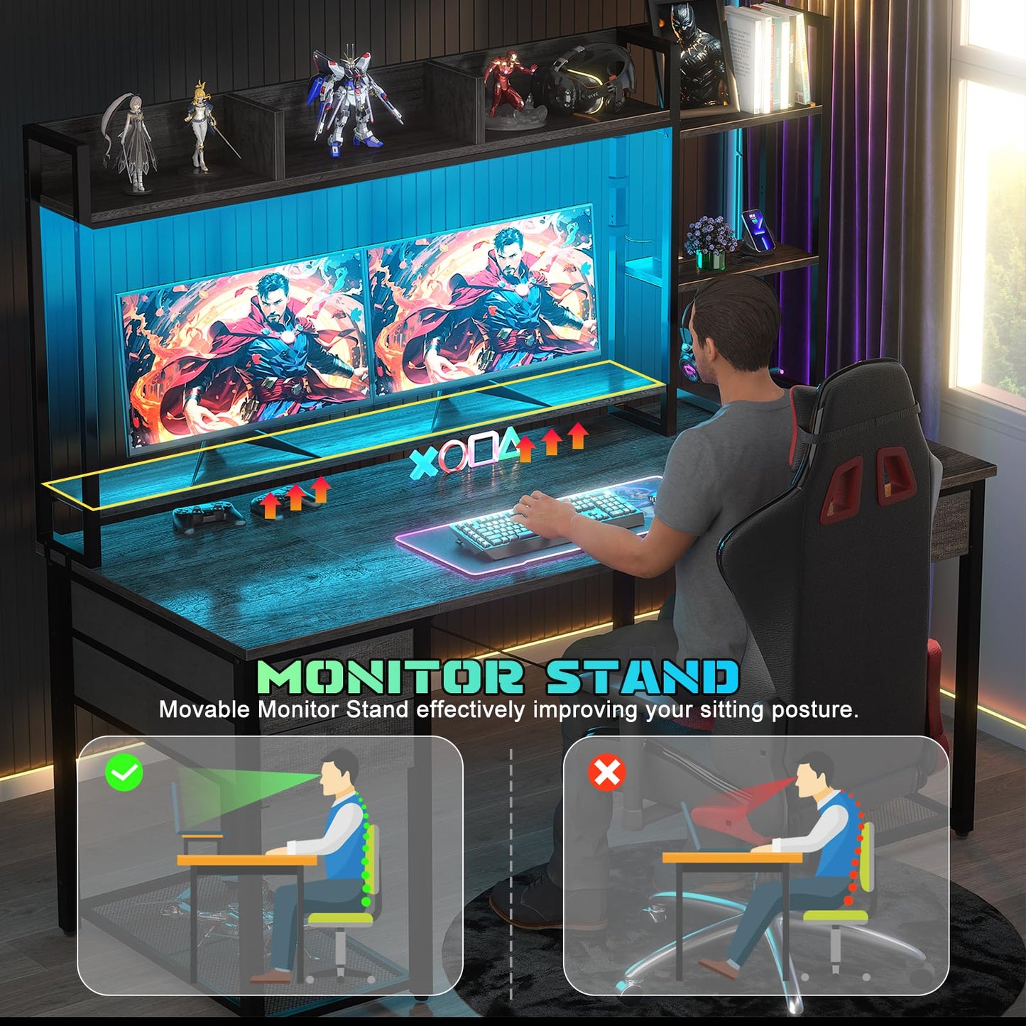Aheaplus Gaming Desk With LED, Outlets, and Hutch - 55.2'' Computer Workstation With Drawers, Reversible Office Desk With Storage Bookshelf and Shelf - Large Home Desk, Black Oak