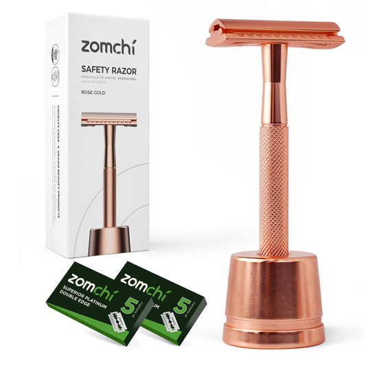 ZOMCHI Safety Razor for Men&Women with 5 Double Edge Safety Razor Blades, Double Edge Razor, Reusable Razor, Plastic Free – Rose Gold