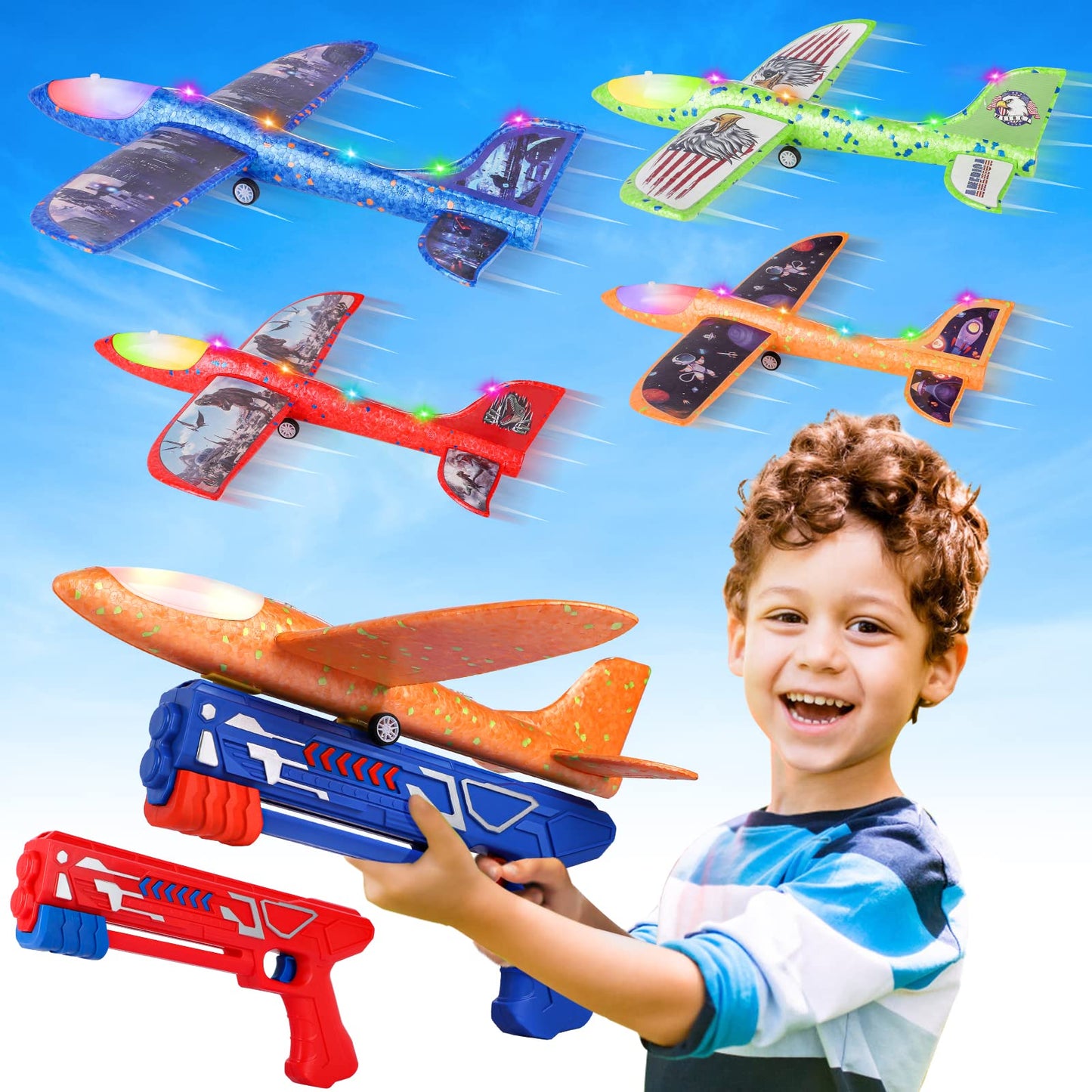 Fuwidvia 3 Pack Airplane Launcher Toys, 13.2'' LED Foam Glider Catapult Plane Toy for Boys, 2 Flight Modes Outdoor Flying Toys Birthday Gifts for Boys Girls 4 5 6 7 8 9 10 11 12 Year Old