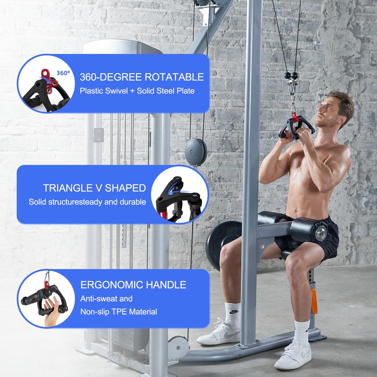 HXD-ERGO Double D Handle for Cable Machine - Ergonomic Row Handle Cable Attachment - Triangle V Bar Grip LAT PullDown Attachments for Home Gym(V bar + Barbell Bomb)