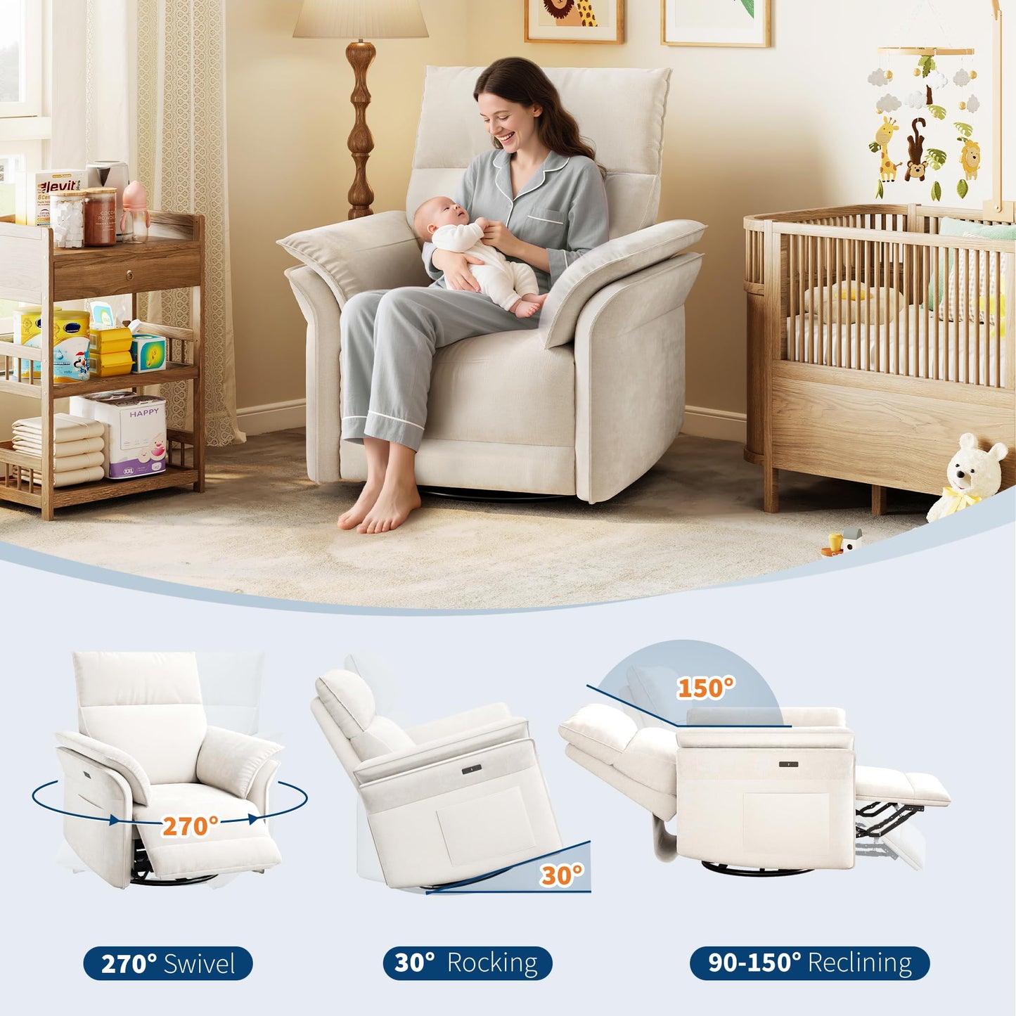 GarveeHome Power Recliner Chair Swivel Glider Upholstered Chenille Nursery Rocker Reclining Sofa Chair with Charging Port, Double-Layered Armrests & Side Pocket for Living Room and Bedroom (Beige)