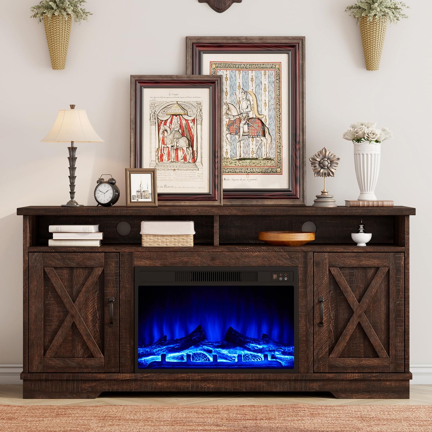 AMERLIFE 63" Farmhouse TV Stand with 26" Fireplace, for TVs up to 73", Media Entertainment Center with Adjustable Shelf & Barn Doors, Rustic TV Console Cabinet for Living Room, Reclaimed Barnwood