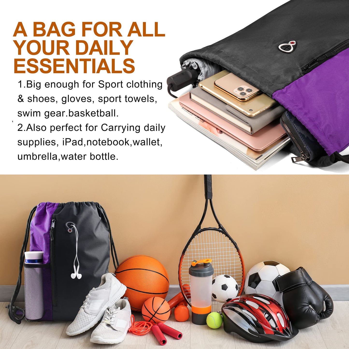 BeeGreen Purple Drawstring Backpack Sports Gym Bag for Women Men Large Cinch Sack workout Bag with Zipper and Water Bottle Mesh Pockets, 16 x 20 inch