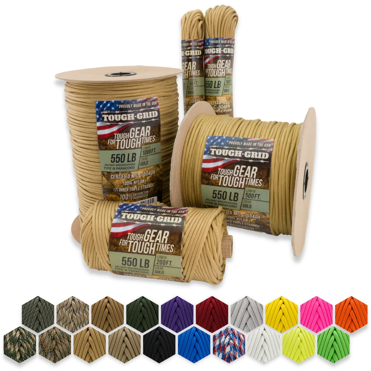 TOUGH-GRID Premium Gold 550 Paracord/Parachute Cord - 100% Nylon Mil-Spec Type III Paracord Rope Used by The US Military, Great for Bracelets and Lanyards, Tactical Paracord 50Ft. - Gold