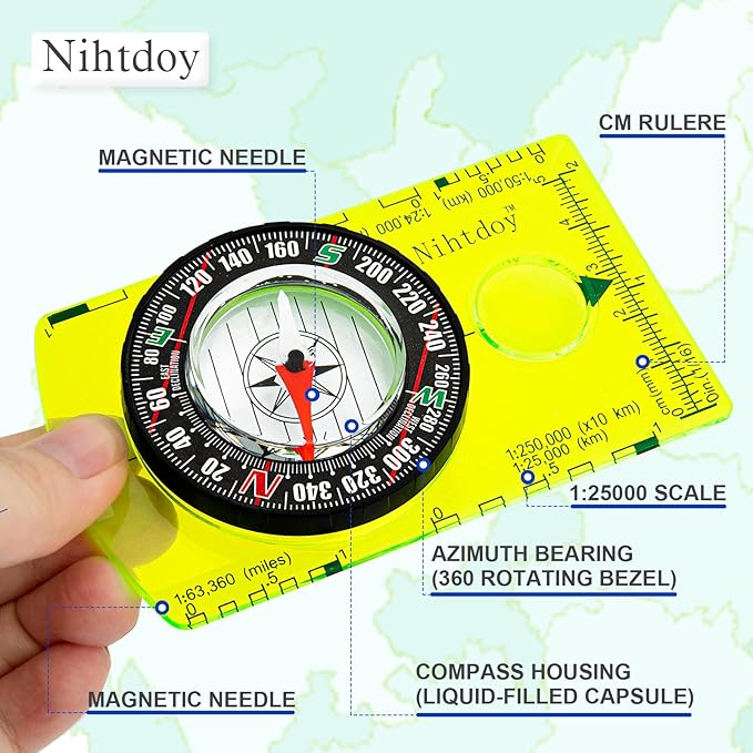 Multipurpose Outdoor Compass for Hiking, Scouting, Camping, and Navigation - Liquid-Filled, Transparent Base with Measuring Scales, Durable and Compact