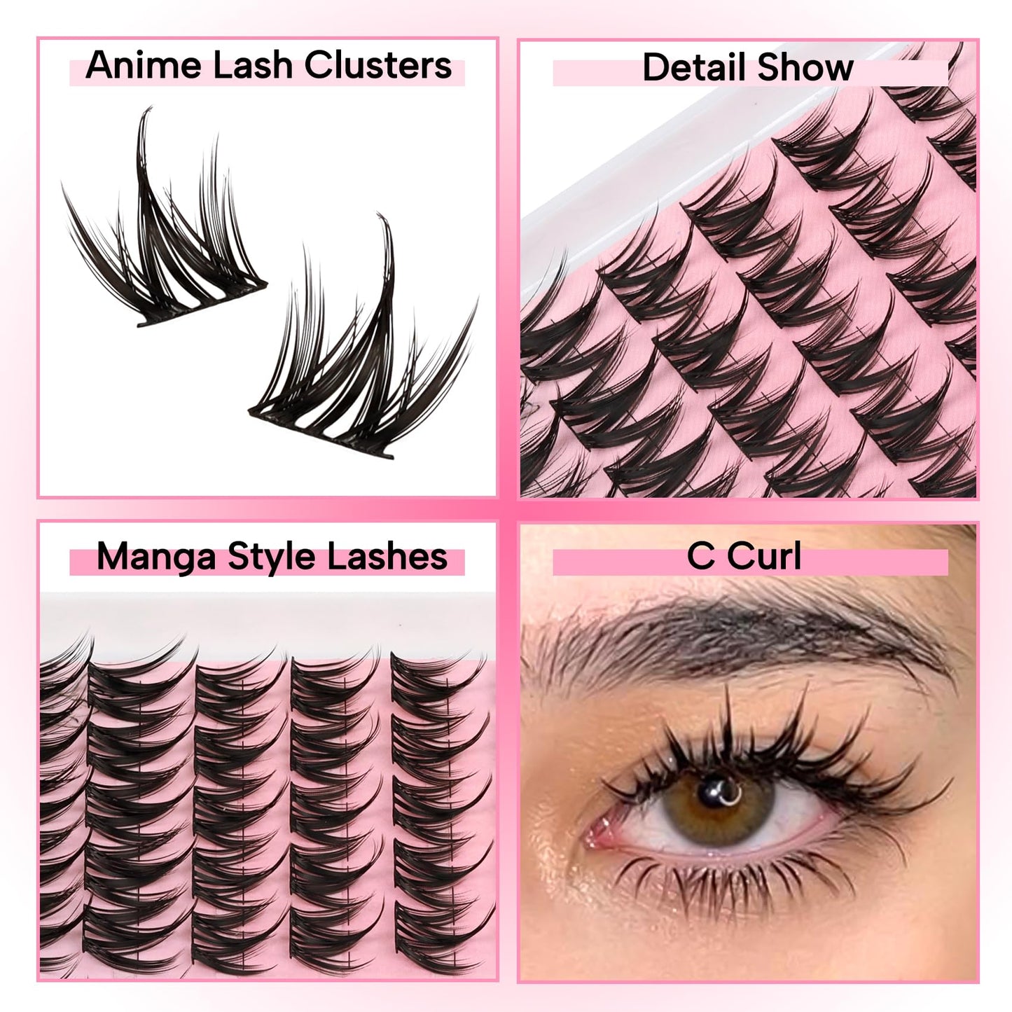 Fyonas Lash Clusters Manga Eyelash Clusters Spiky Cluster Eyelash Extensions 80Pcs C Curl Individual Lashes Volume Anime Lash Clusters with Thin Band Cosplay Lashes DIY at Home (Cutey)