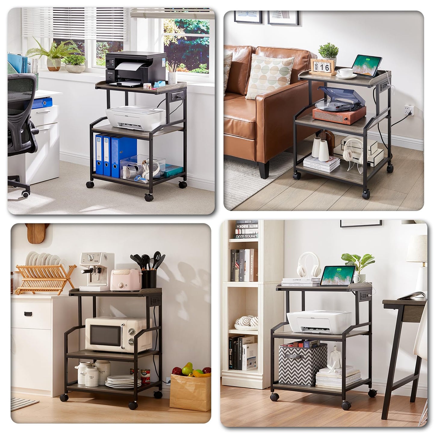 Lauren&Harold 34'' Printer Stand with Storage Printer Table with Power Outlets and USB Ports, Rolling Printer Cart with Adjustable Shelf, Large Printer Stand with Wheels for Home Office, Grey/Black