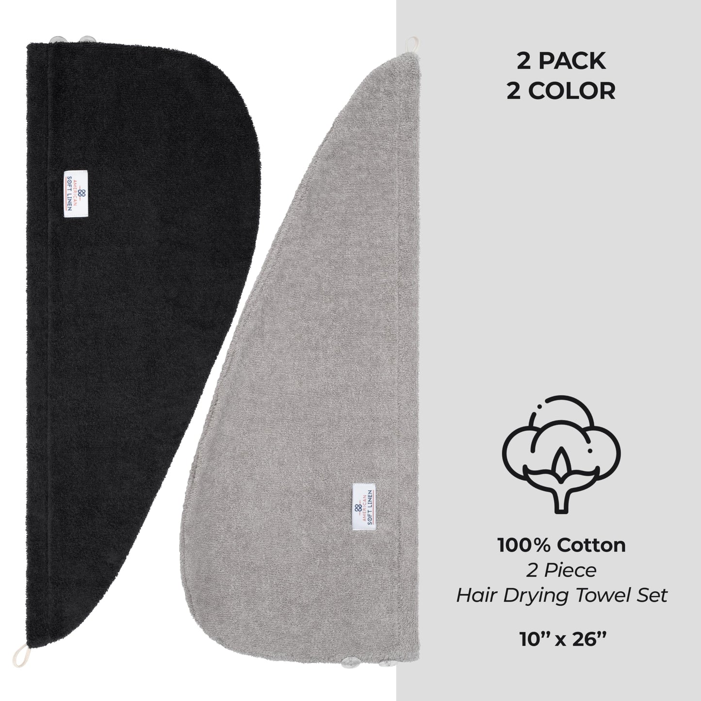 American Soft Linen 100% Cotton Hair Towels for Women, Head Towel Cap, Cotton Hair Turban Towel Wrap, Soft and Absorbent 2 Pack, Black-Light Gray