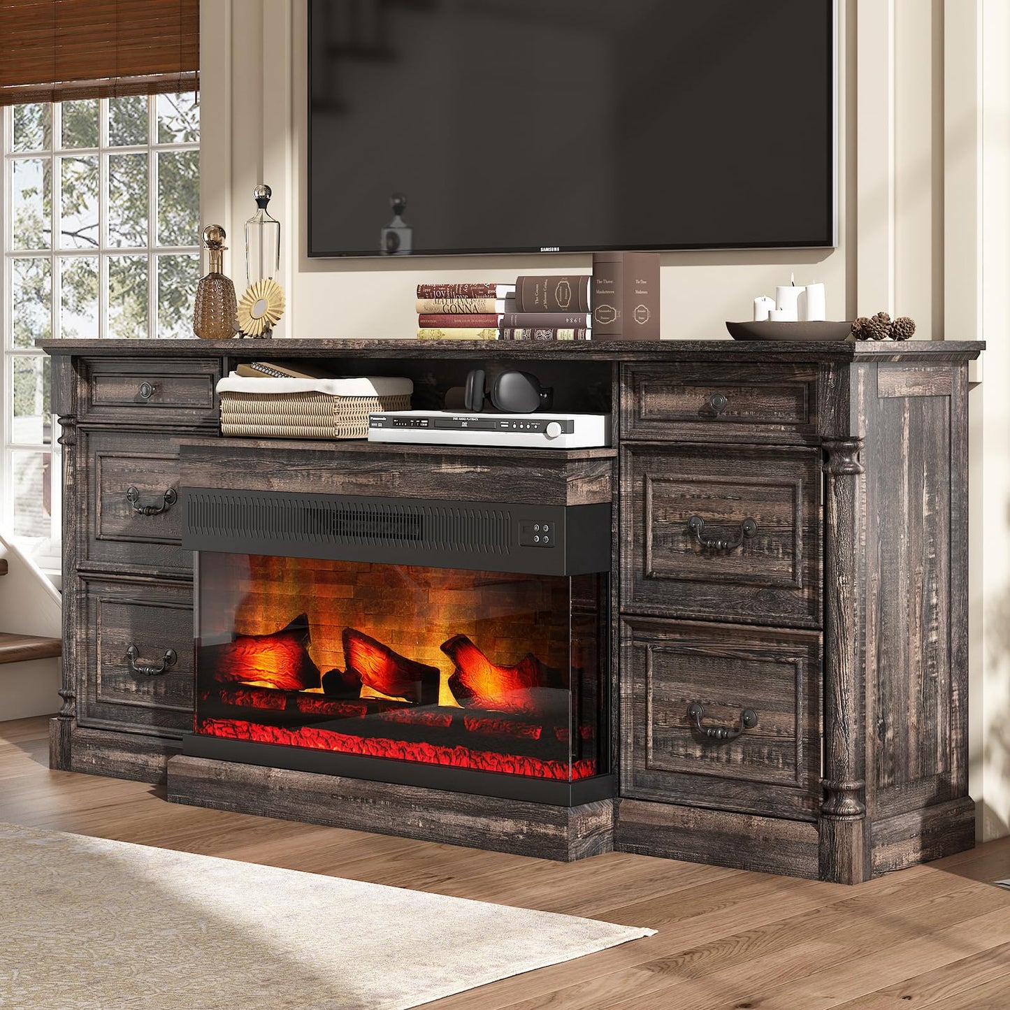 AMERLIFE 75" Fireplace TV Stand, Large TV Stand with 36" Fireplace, Farmhouse Entertainment Center with Solid Wood Roman Column, 2 Drawers & Cabinets Storage, for TVs up to 85", Dark Rustic Oak