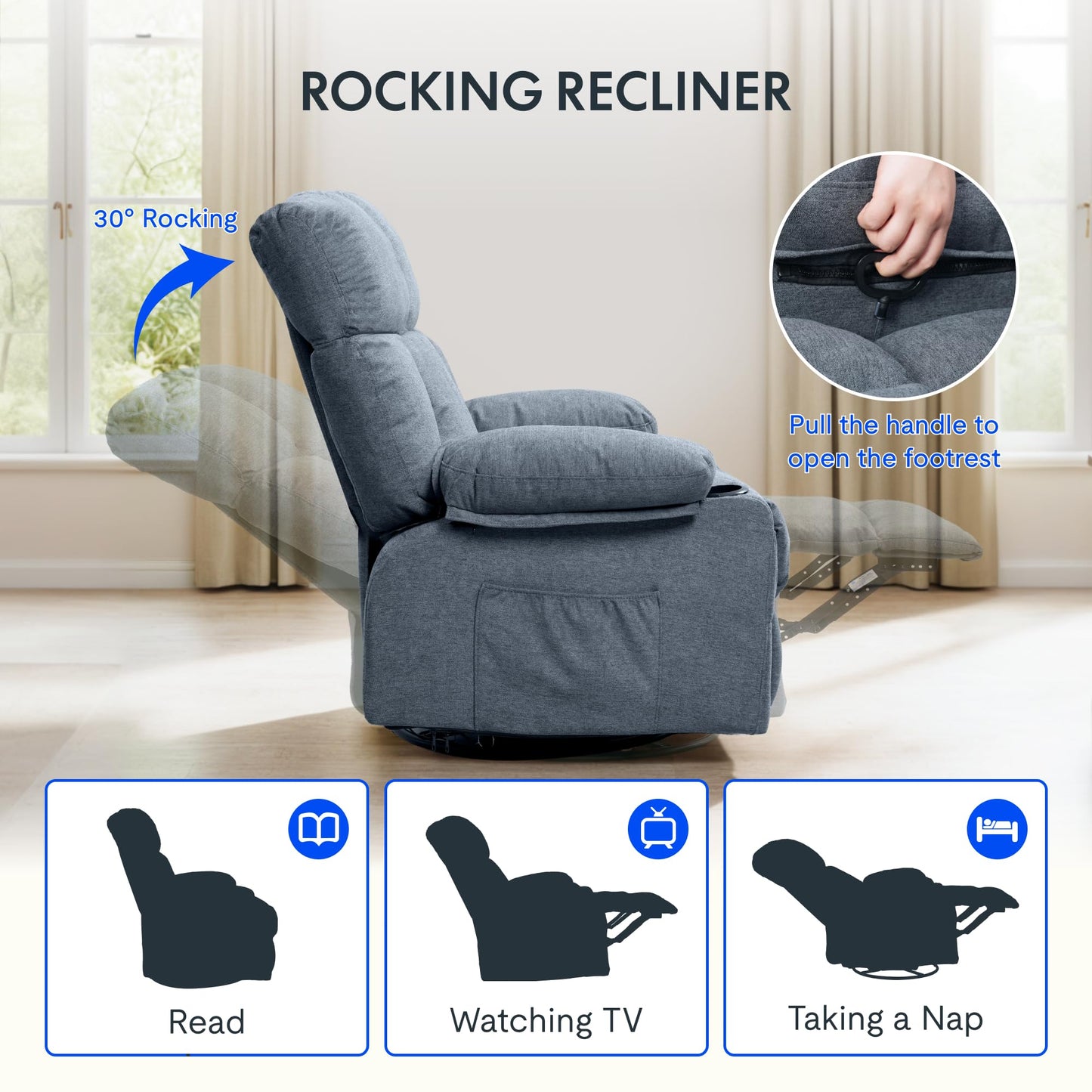 FLEXISPOT 360° Swivel Rocker Recliner, Oversized Massage Rocker Recliner Chair with Heating, Cup Holders, USB Charging Port, Swivel Glider Sofa for Living Room Nursery, Blue (XRC3)