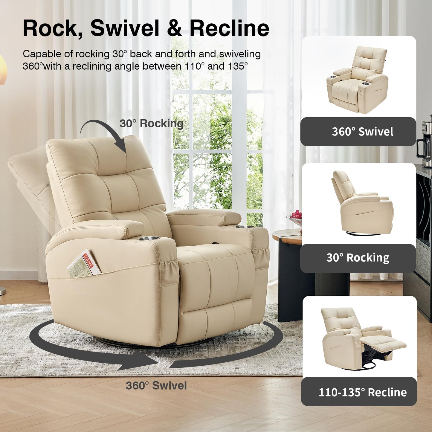 AIRSKY Genuine Leather Recliner Chair, Swivel and Rocking, Italian Water-Washing Process, Nursery Glider Recliner, Glider Rocking Chair, Nursery Chair, Swivel Rocker Recliner, R2, Beige