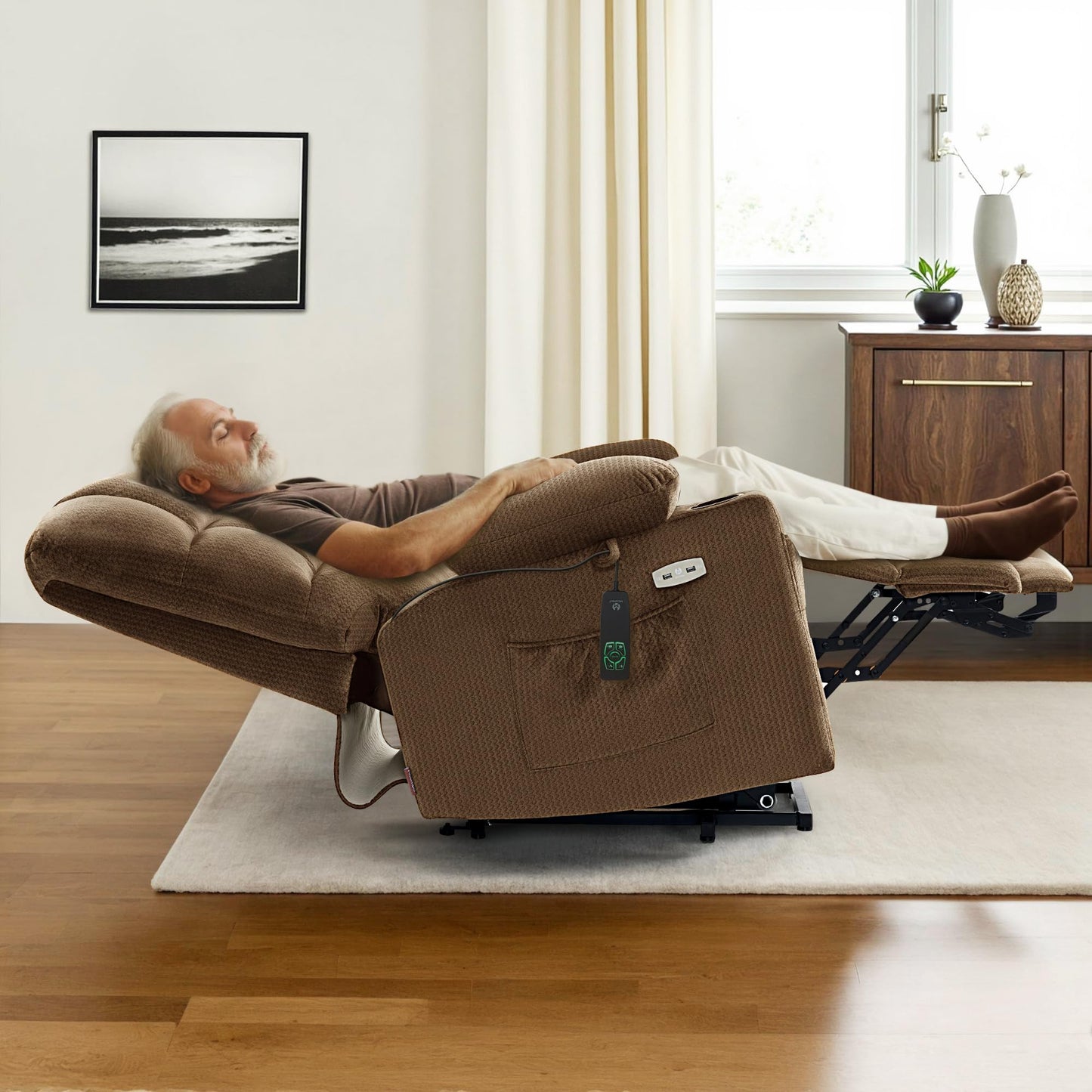 MCombo Large Dual Motor Power Lift Recliner Chair for Elderly, Massage and Heat, Lay Flat, Zero Gravity, Home Button, USB Port, Fabric 7680 (Large, Brown)