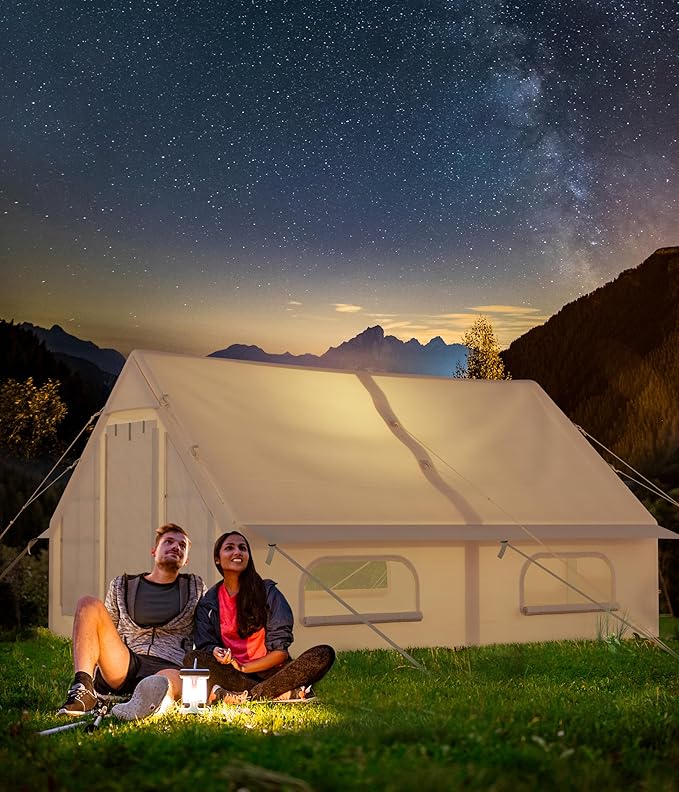 Inflatable Camping Tent with Pump, Luxury Camping Tent, Easy to Set Up, 4-Season Waterproof and Windproof Outdoor Gazebos, Luxury Cabin Tent with Two Doors and Six Windows.