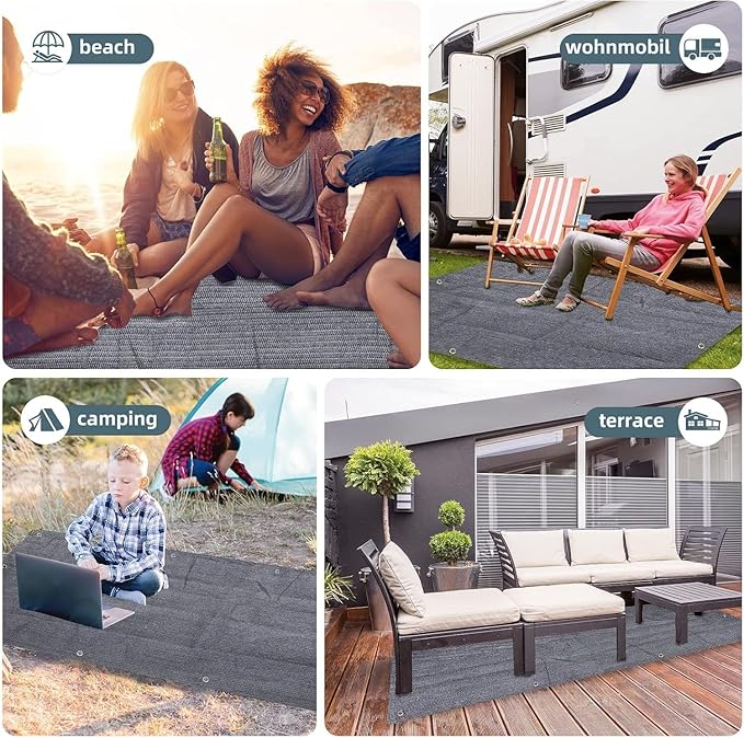 FoundGo Awning Carpet HDPE Camping Outdoor Rug with Eyelets,Nails,Broom,for RV,Patio,Backyard,Picnic,Beach,Trailer 8'*20' (2.44 * 6.1m)-Blue Grey