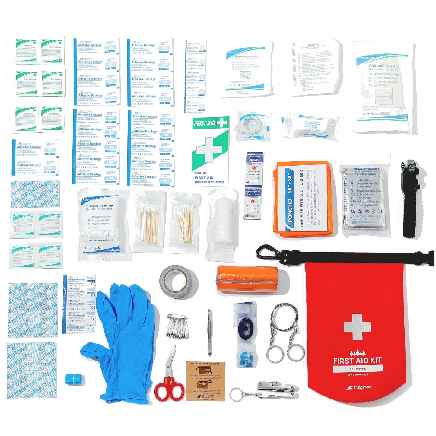Breakwater Supply™ Waterproof Survival First Aid Kit, 101 Piece AFAK Emergency Supplies in Dry Bag, IFAK Trauma Kit Bug Out Bag for Camping, Hiking, Boating, Fishing, Hunting with Splint (Red)
