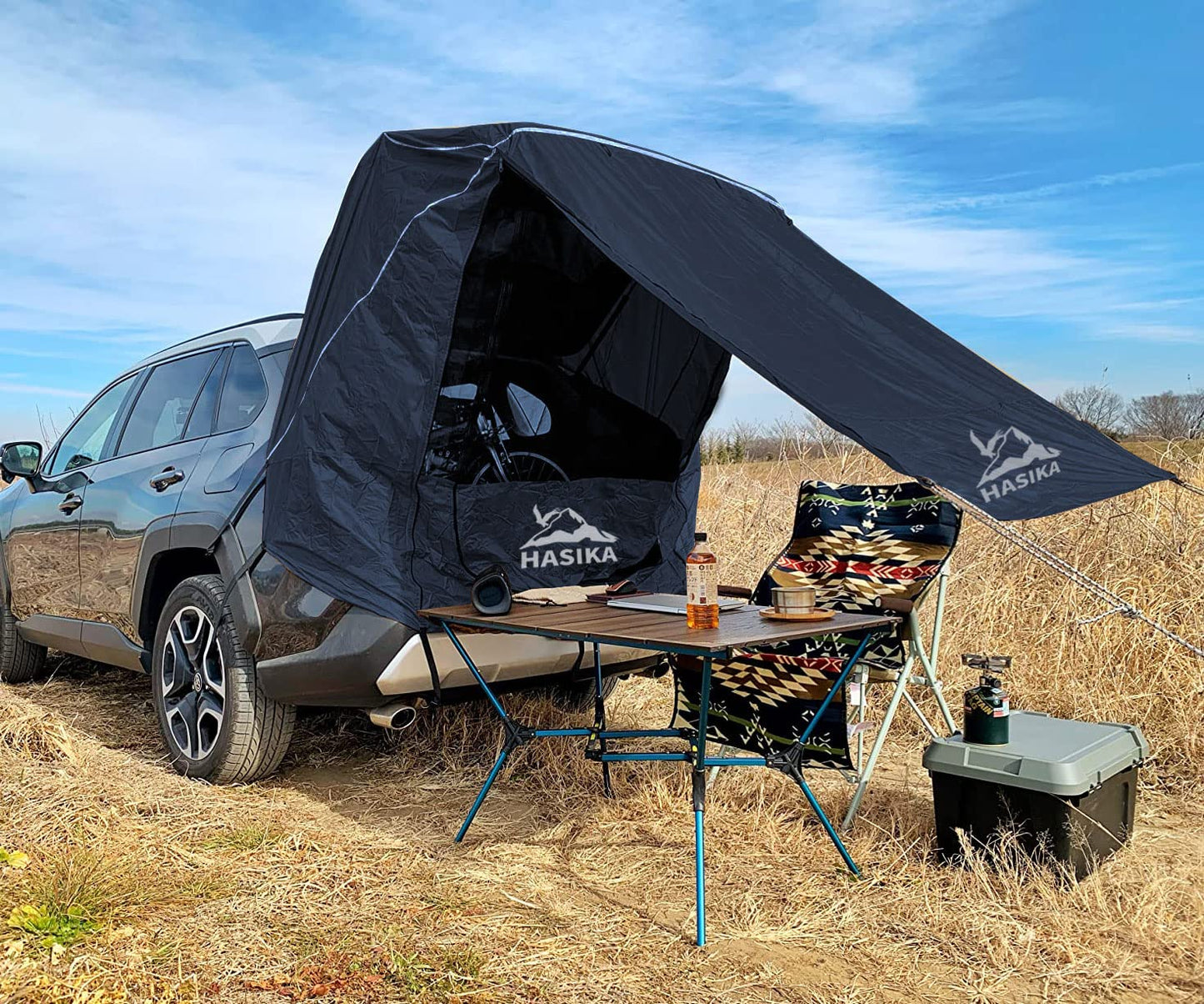 Hasika SUV Camping Tent Car Tailgate Shade Awning with Screen Net Waterproof 3000MM UPF 50+ Black (Small)