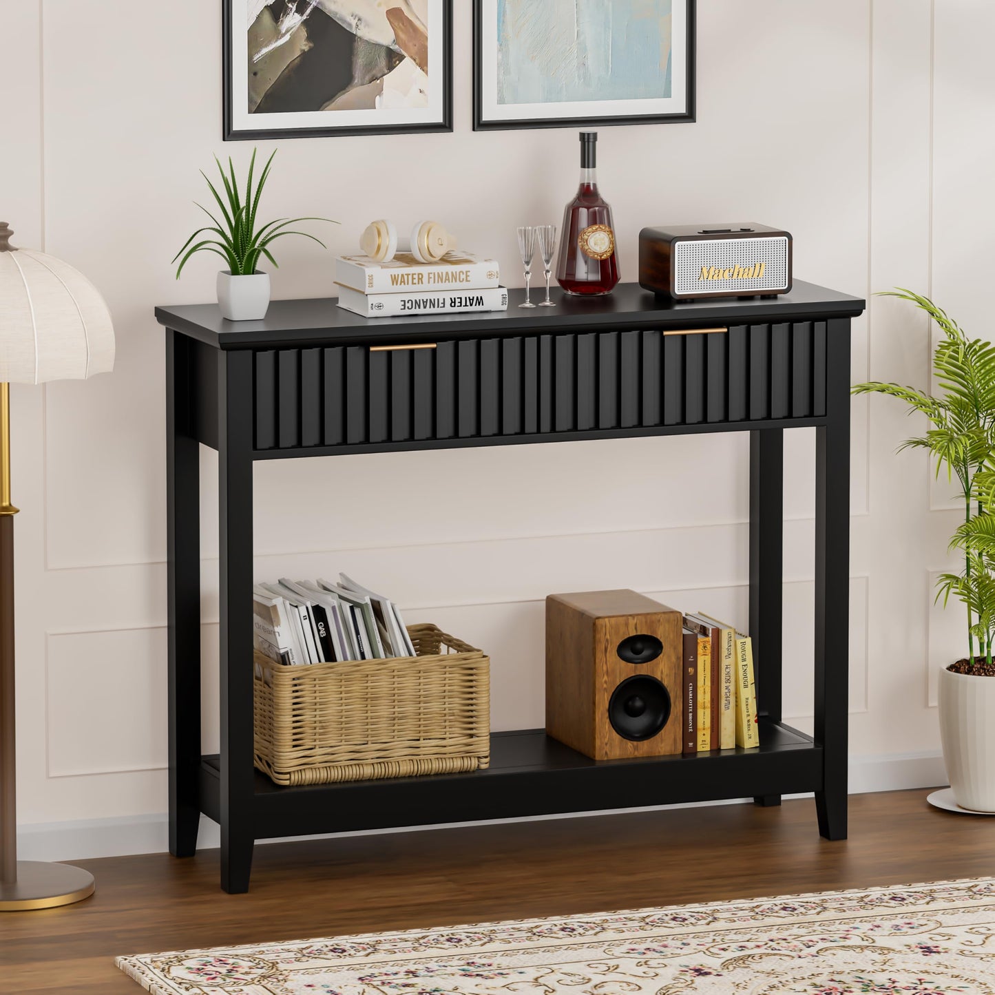 Alaxgumrol 39 inch Entryway Table with Storage, Narrow Console Table with 2 Drawers, Modern Sofa Table with Open Storage Shelf for Living Room, Foyer Hallway, Black