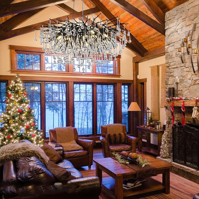 Black Chandeliers for Dining Room,Farmhouse Crystal Chandelier,10-Light Tree Branch Chandelier Light Fixture for Living Room, Kitchen Island D31.5