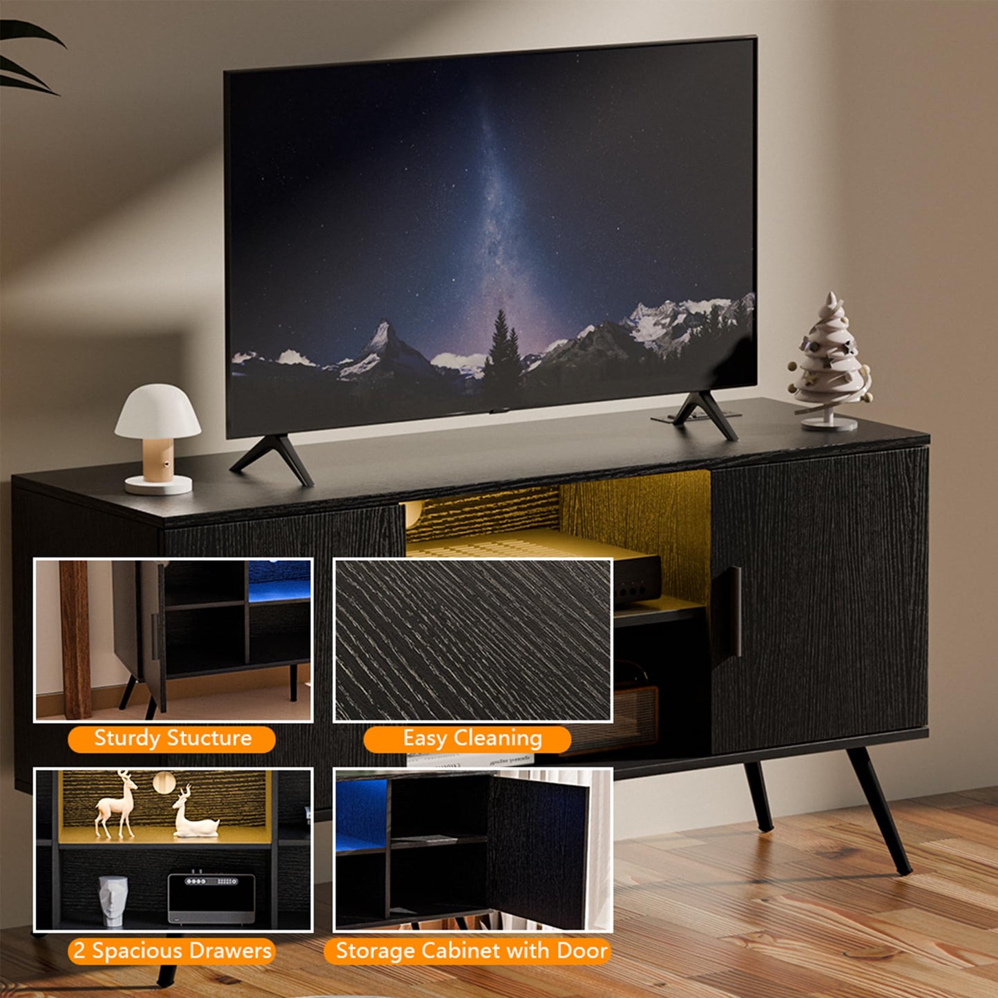 Algglobuy TV Stand for 65 Inch TV, Entertainment Center with RGB LED Light, Small Television Stands with Storage & Adjustable Shelves, Modern Media TV Console with for Bedroom, Living Room (Black)
