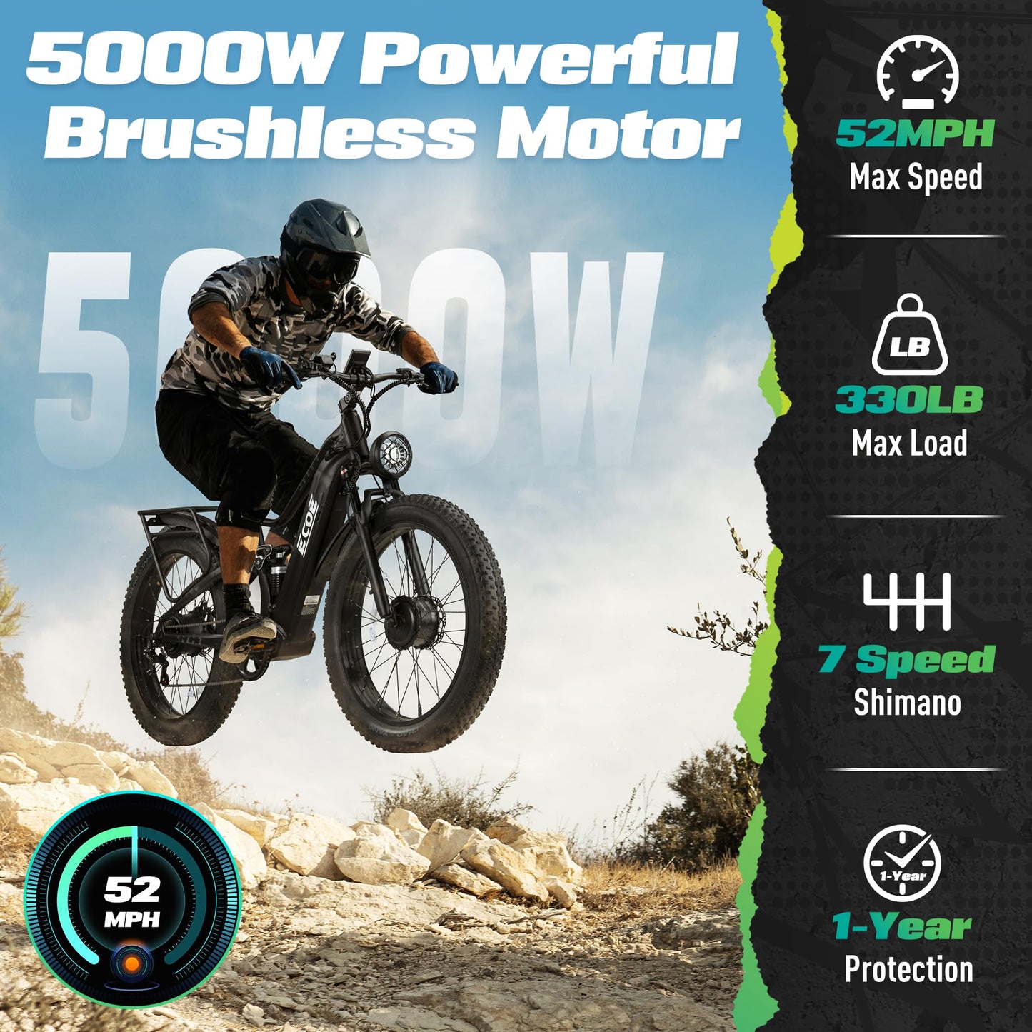 5000W Dual Motor Electric Bike for Adults 52MPH with 60V 32AH Battery, 26x4 Fat Tire All Terrain Ebikes, Full Suspension E Bike, SHM 7-Speed Gear Electric Bicycle(63v) (63V-3-1)