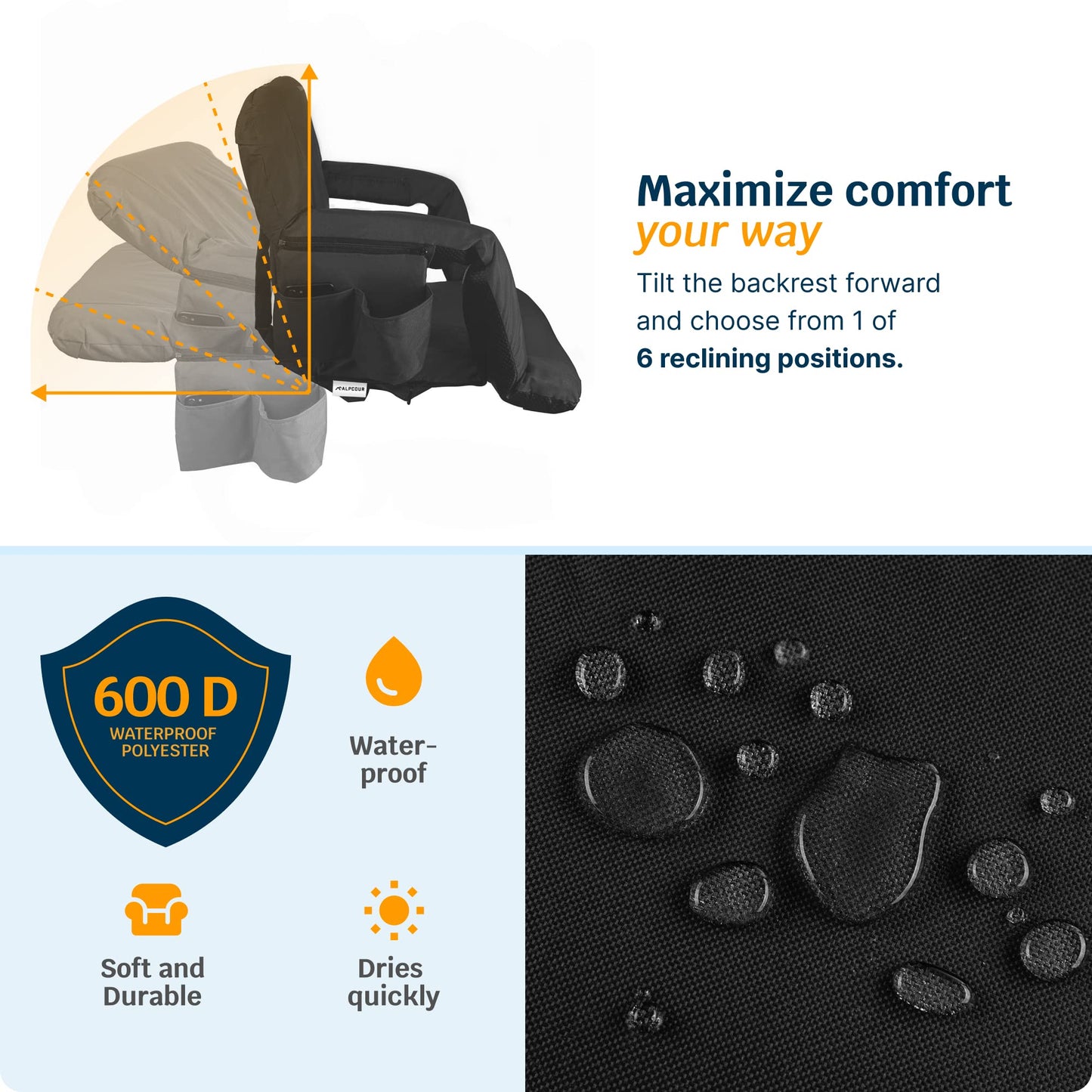 Alpcour Heating Massage Stadium Seat – Deluxe Extra-Wide Reclining Bleacher Chair with Back & Arm Support – Built-in Heater and Massager - Extra Thick, Lightweight & Waterproof