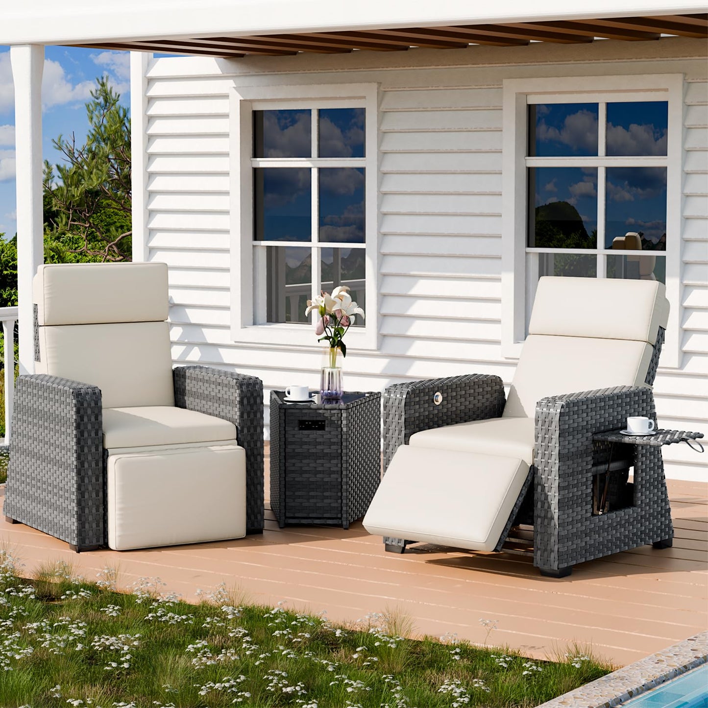 Outdoor Recliners Set of 2, Patio Reclining Chairs Wicker with 150° Lay-Flat Position, Extended Footrest, Flip-Up Side Table, Glass Top Table, Removable Beige Olefin Cushions