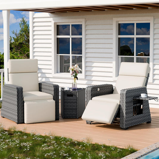 Outdoor Recliners Set of 2, Patio Reclining Chairs Wicker with 150° Lay-Flat Position, Extended Footrest, Flip-Up Side Table, Glass Top Table, Removable Beige Olefin Cushions