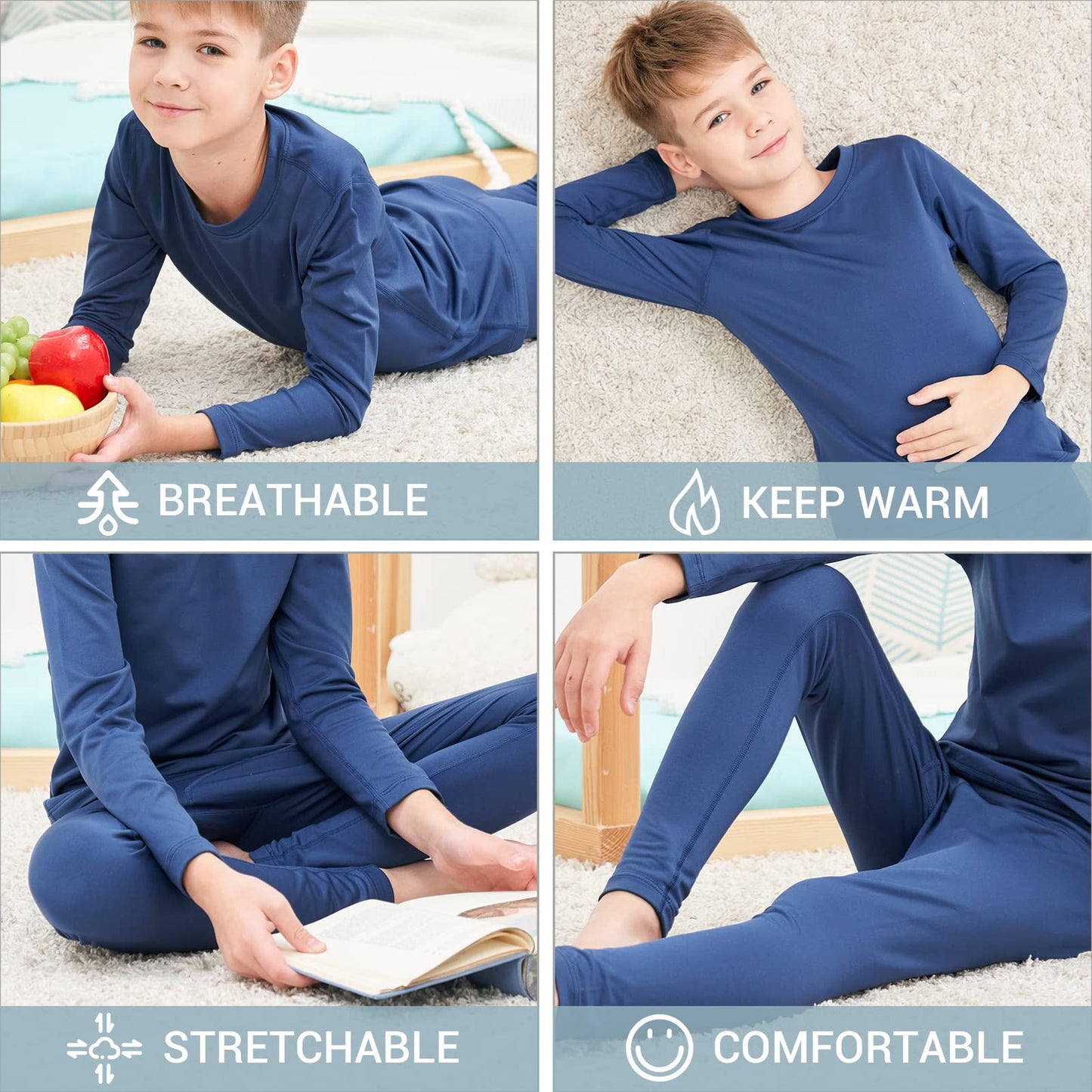 HEROBIKER Thermal Underwear Boys Ultra Soft Fleece Lined Kids Thermals Long Johns Top Bottom Warm Set for Winter Skiing Blue
