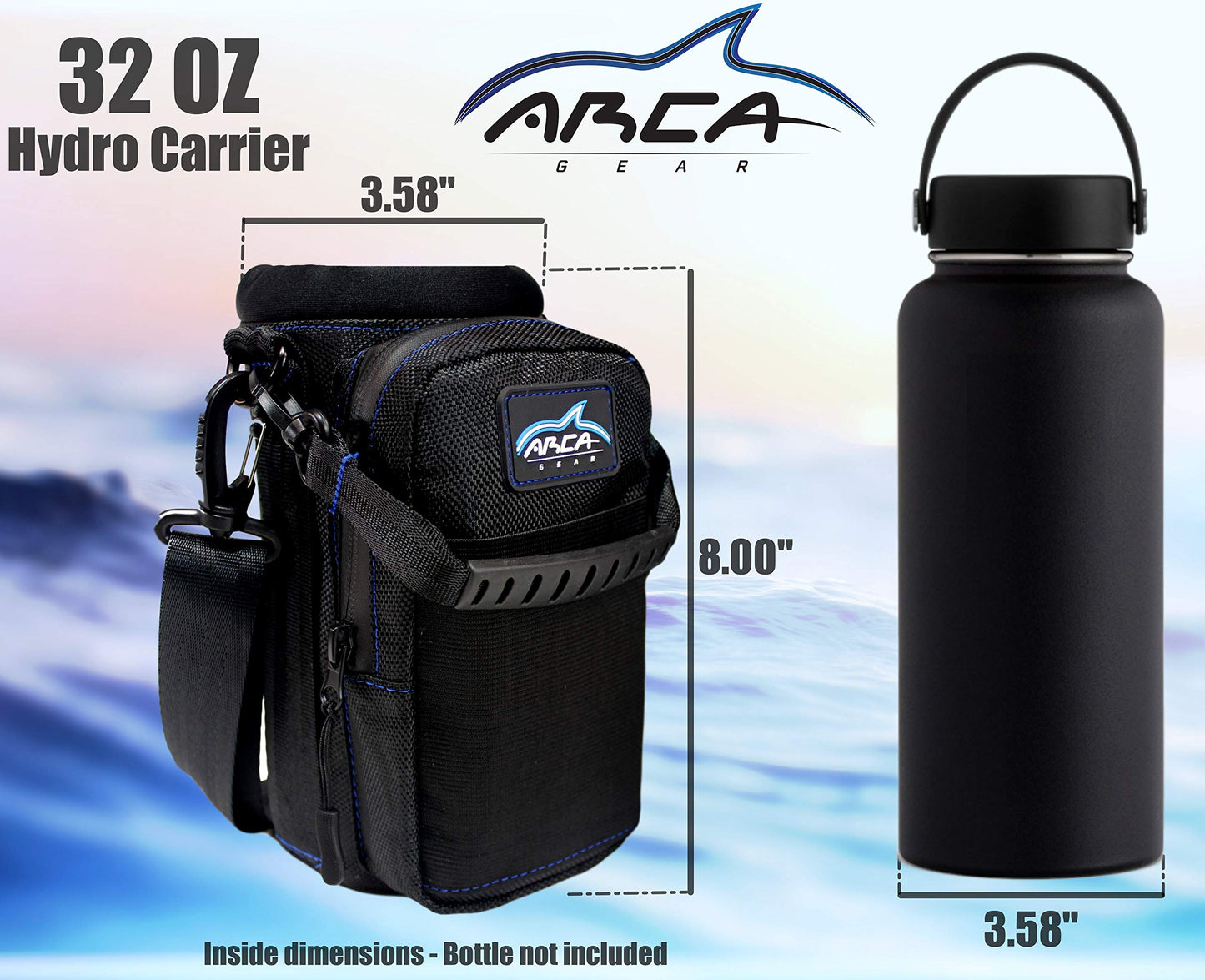 Arca Gear 32 oz Hydro Carrier - Insulated Water Bottle Sling w/Carry Handle, Shoulder Strap, Wallet and Two Pouches - The Perfect Flask Accessory - Deep Blue